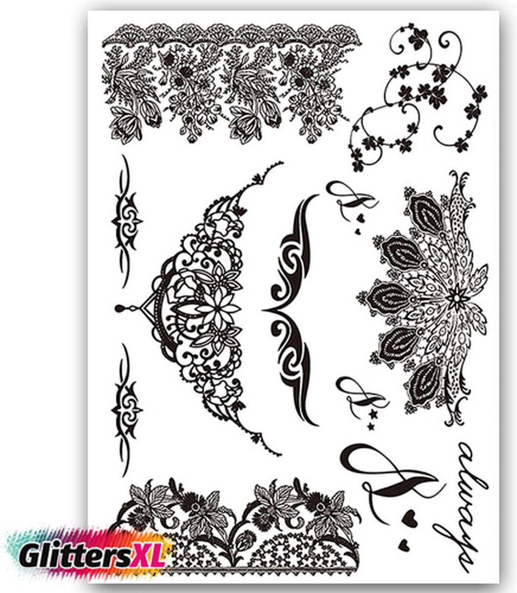 GlittersXL - Temporary Tattoo Henna (A5 formaat) [Neptattoo - Tijdelijke tatoeage - Nep Fake Tattoos - Water overdraagbare festival sticker henna outfit tattoo - Glitter tattoo - Volwassenen Kinderen Jongen Meisje]